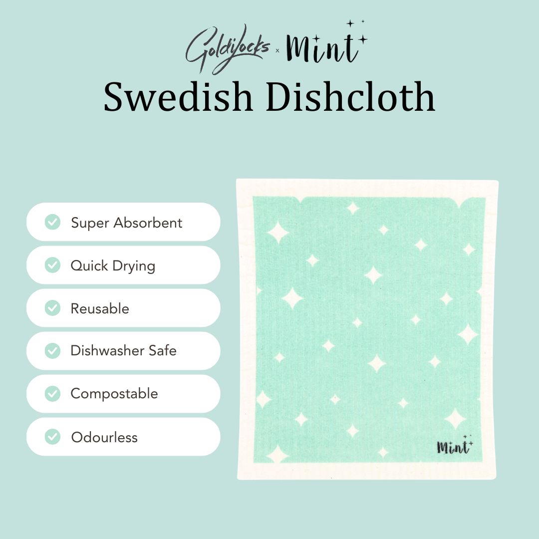 Graphic of the Mint x Goldilocks Swedish Dishcloth highlighting key features: Super Absorbent, Quick Drying, Reusable, Dishwasher Safe, Compostable, and Odourless. The dishcloth is mint green with a white star pattern.