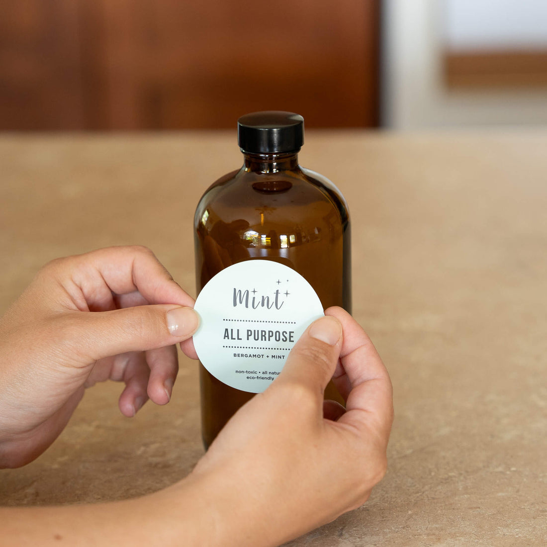 mint all purpose label on amber glass bottle