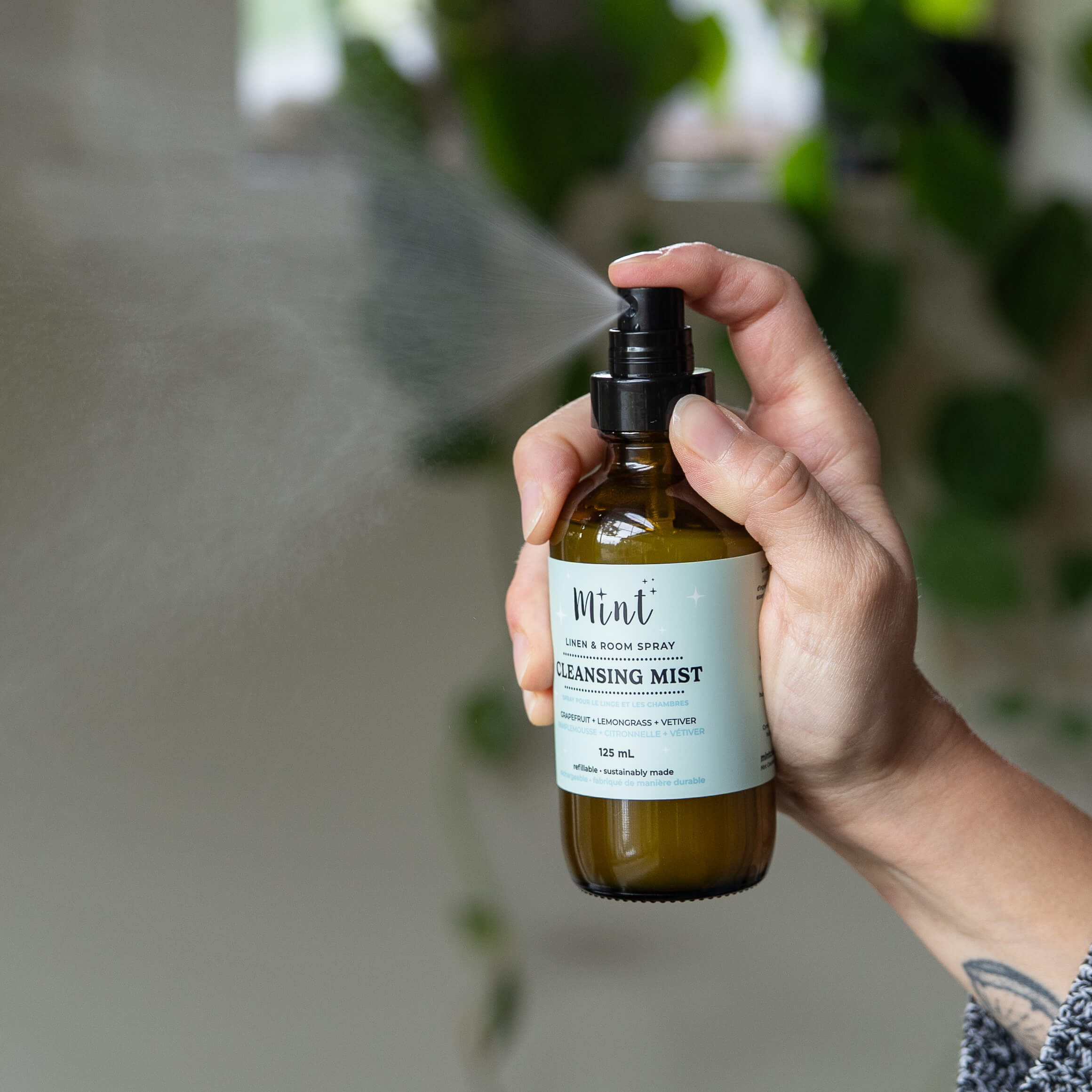 spraying cleansing mist in room
