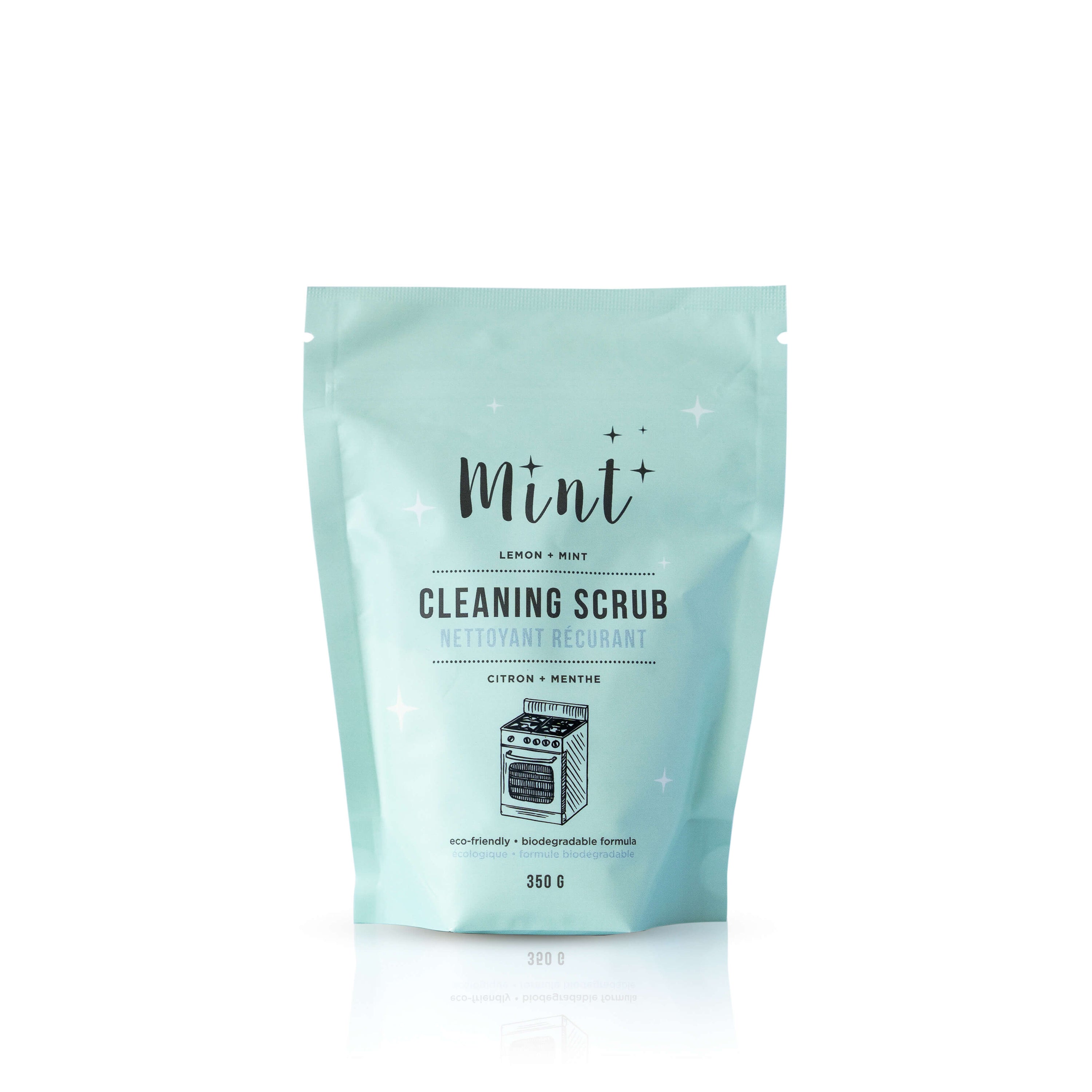 Mint-colored cleaning scrub package with text on a white background
