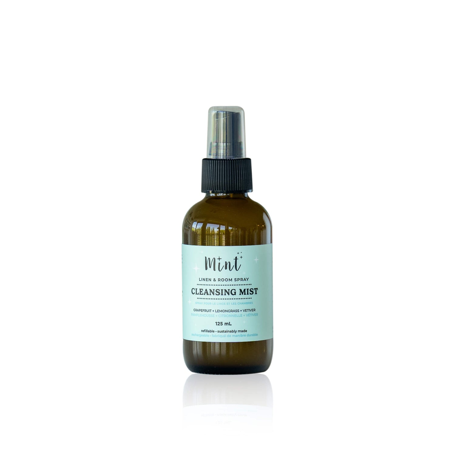Mint Cleansing Mist in a 125ml amber glass spray bottle on a white background, featuring an eco-friendly, biodegradable linen and room spray.