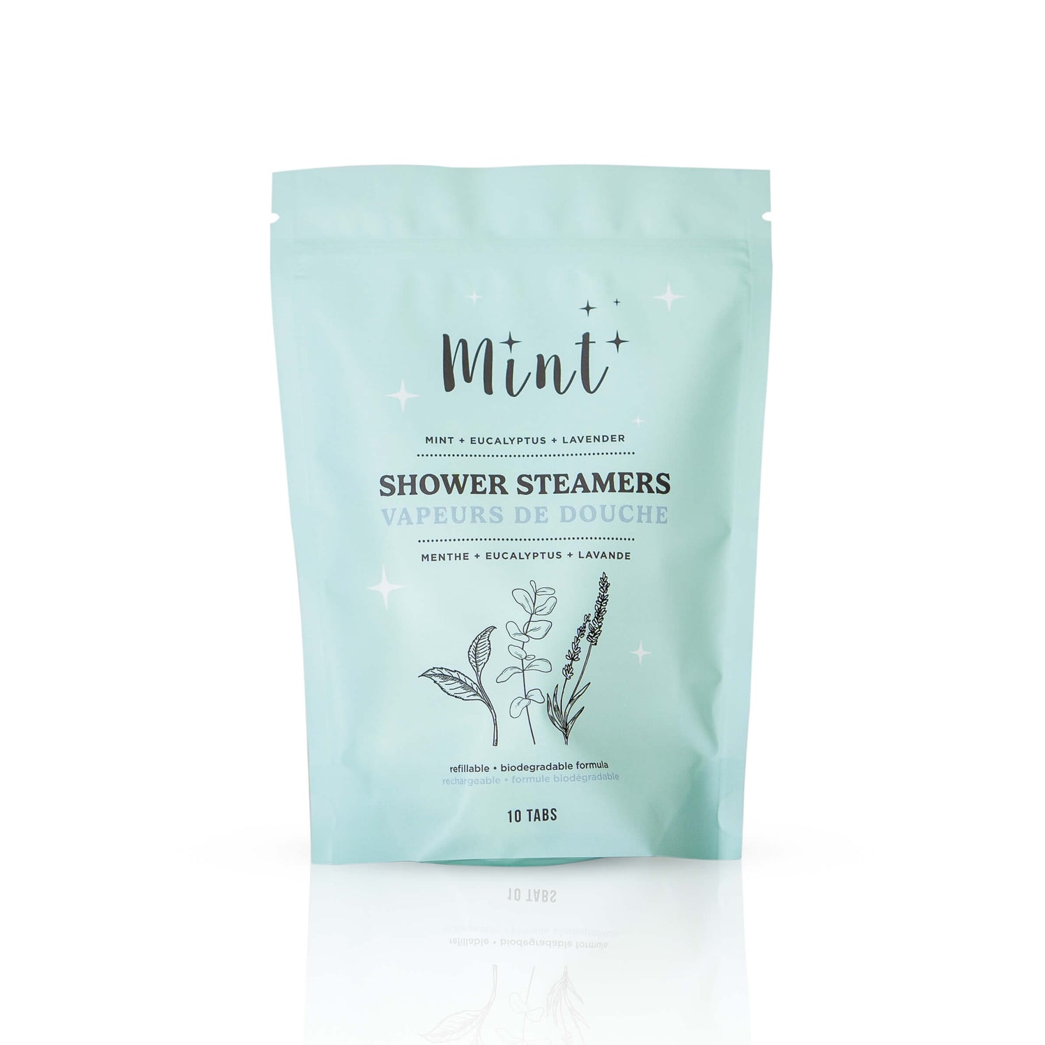 Mint Cleaning Products Shower Steamers with mint, eucalyptus, and lavender in a refillable biodegradable pouch – 10 tabs per package