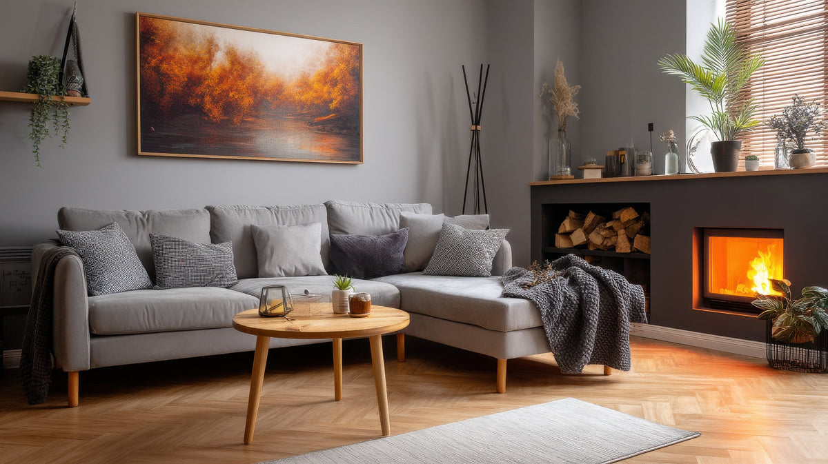 Cozy living room with a grey sectional sofa