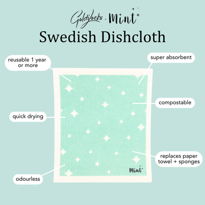 Labeled diagram showing features of the Mint x Goldilocks Swedish Dishcloth, including compostable, reusable, quick drying, and odourless.
