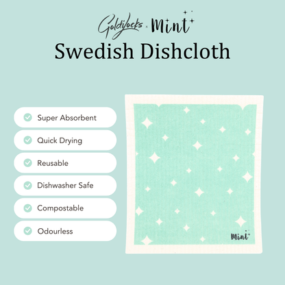Graphic of the Mint x Goldilocks Swedish Dishcloth highlighting key features: Super Absorbent, Quick Drying, Reusable, Dishwasher Safe, Compostable, and Odourless. The dishcloth is mint green with a white star pattern.