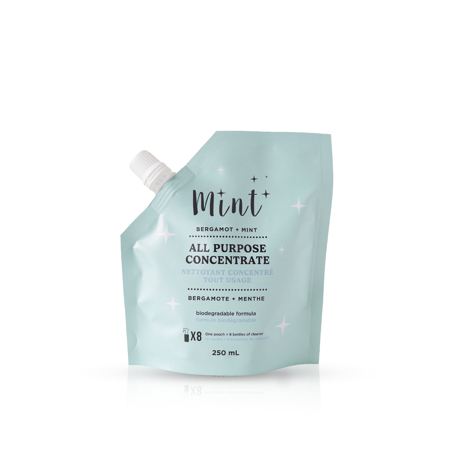 A 250 mL refill pouch of Mint+ All Purpose Concentrate in Bergamot + Mint, featuring a light mint green packaging with a white spout cap, set against a clean white background with a subtle reflection.