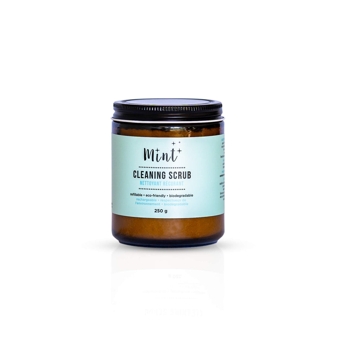 250g jar of Mint Cleaning Scrub on a white background, highlighting its eco-friendly and biodegradable formula.