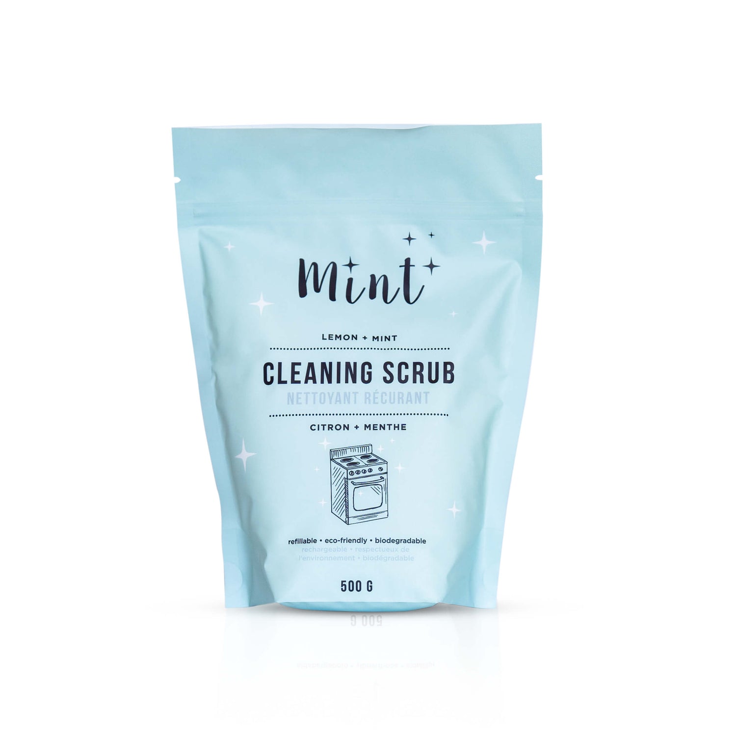 Mint Cleaning Scrub refill pouch on a white background, labeled with lemon and mint scent, refillable and eco-friendly, 500g size.