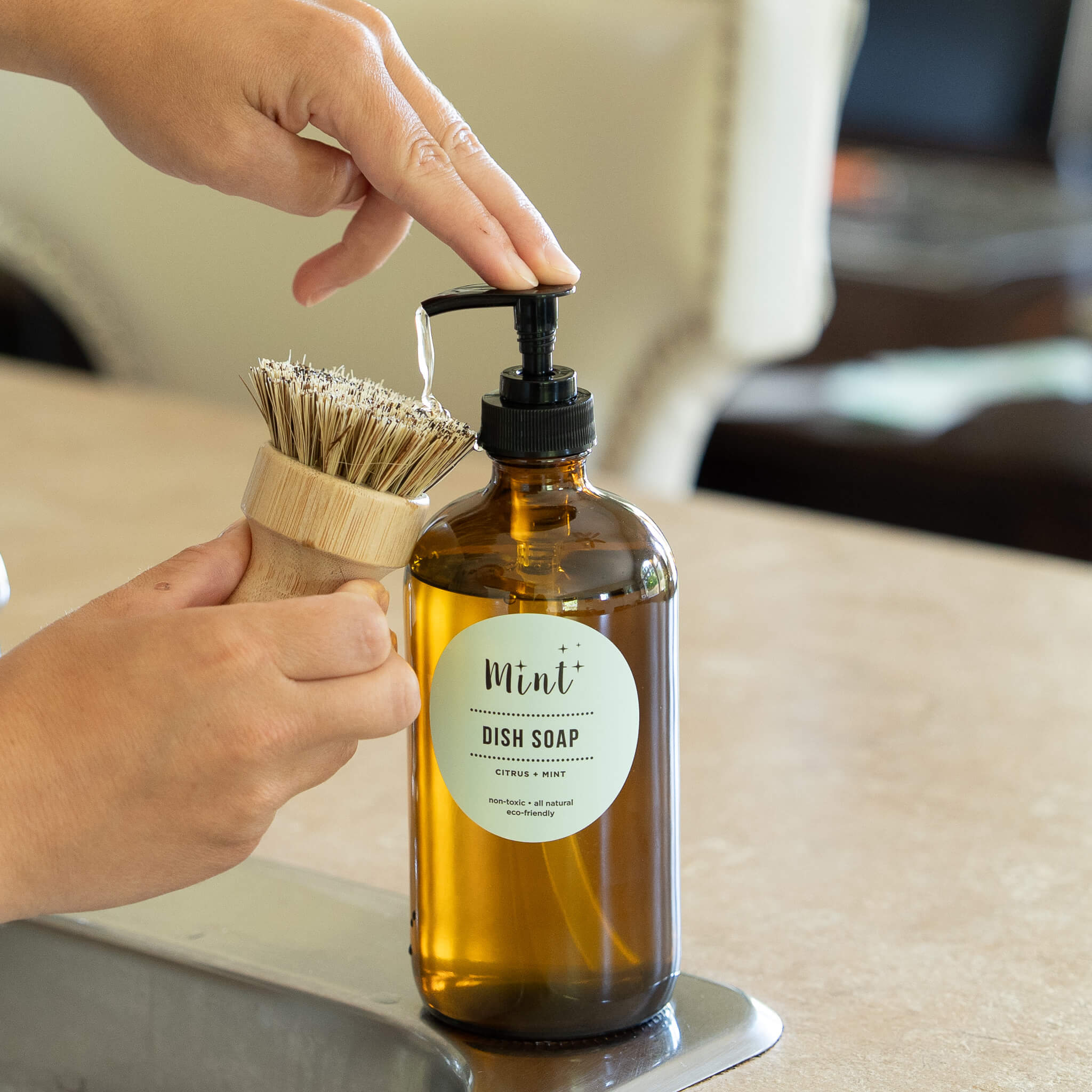 mint dish soap on glass bottle