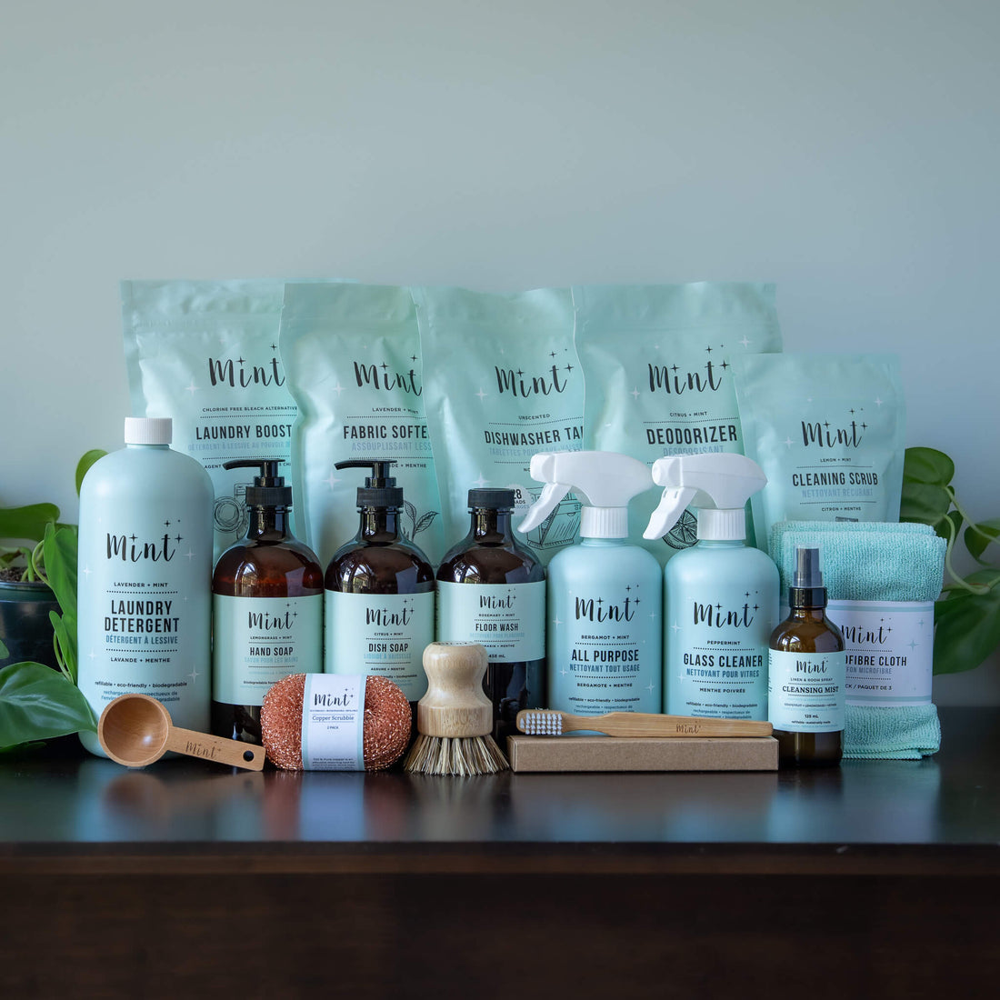 Mint Cleaning Products full bundle with refill pouches, cleaners, soaps, detergent, and eco-friendly accessories displayed together.