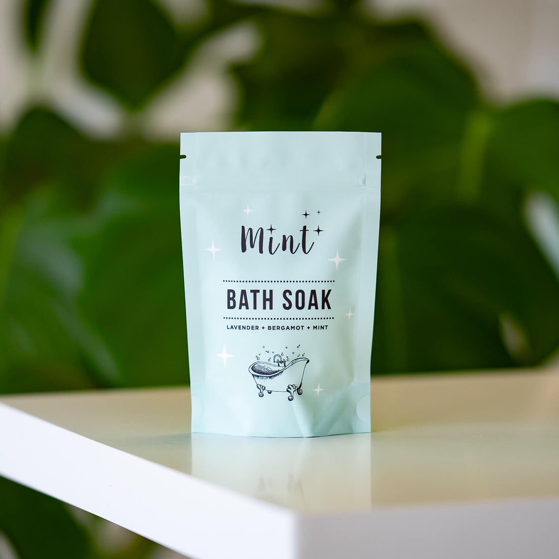 Mint Mini Bath Soak in a light blue pouch, featuring lavender, bergamot, and mint, displayed on a white table with a lush green plant in the background