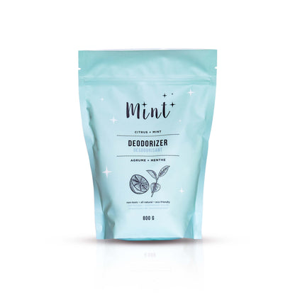 Mint Deodorizer in an 800g pouch with a white background, featuring a natural, citrus and mint-scented deodorizer for freshening up your home.