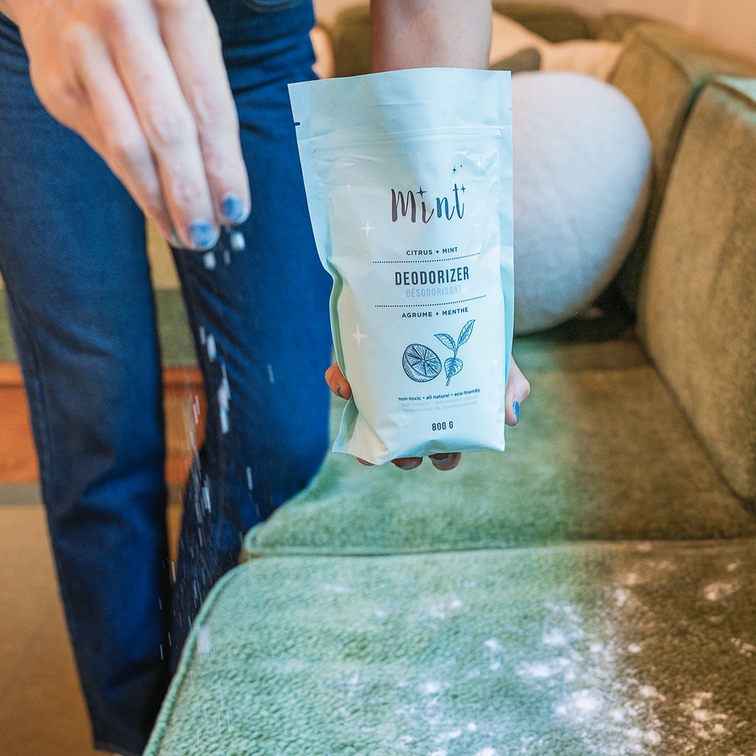 Person sprinkling Mint Deodorizer onto a couch, demonstrating its effectiveness for removing odours and refreshing fabrics.