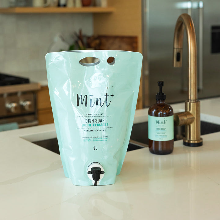 Mint Dish Soap in a 3L recyclable pouch with a spout, placed on a kitchen counter. A 456ml amber glass bottle of Mint Dish Soap is in the background next to a brass faucet.