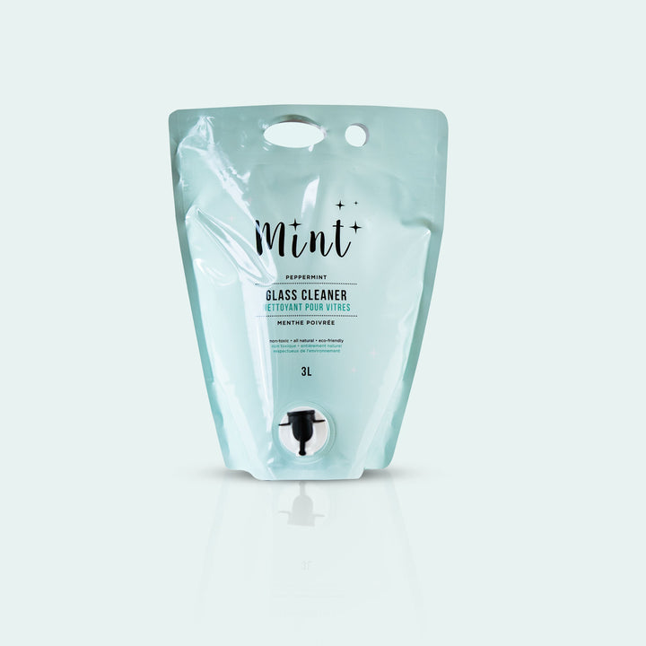 Mint Glass Cleaner in a 3L refillable pouch with a light blue background, highlighting its eco-friendly, biodegradable, and peppermint-scented properties.