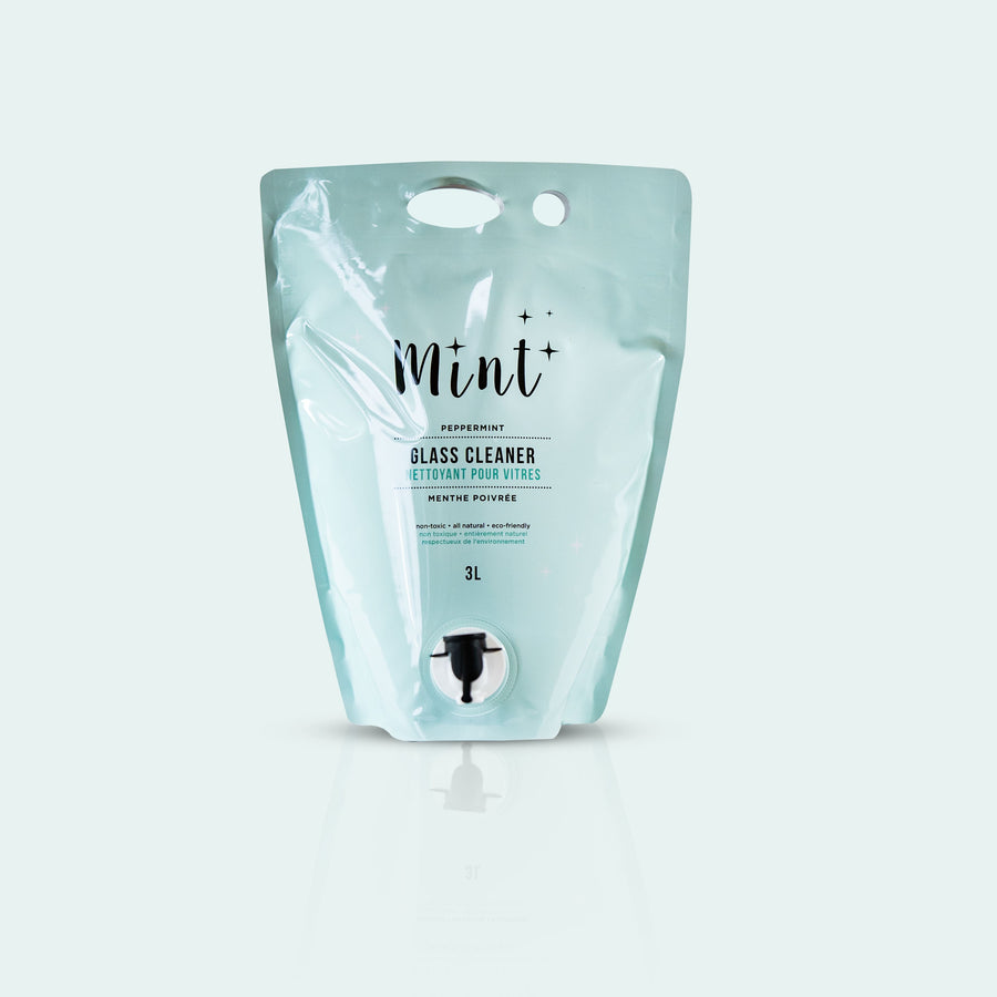 Mint Glass Cleaner in a 3L refillable pouch with a light blue background, highlighting its eco-friendly, biodegradable, and peppermint-scented properties.