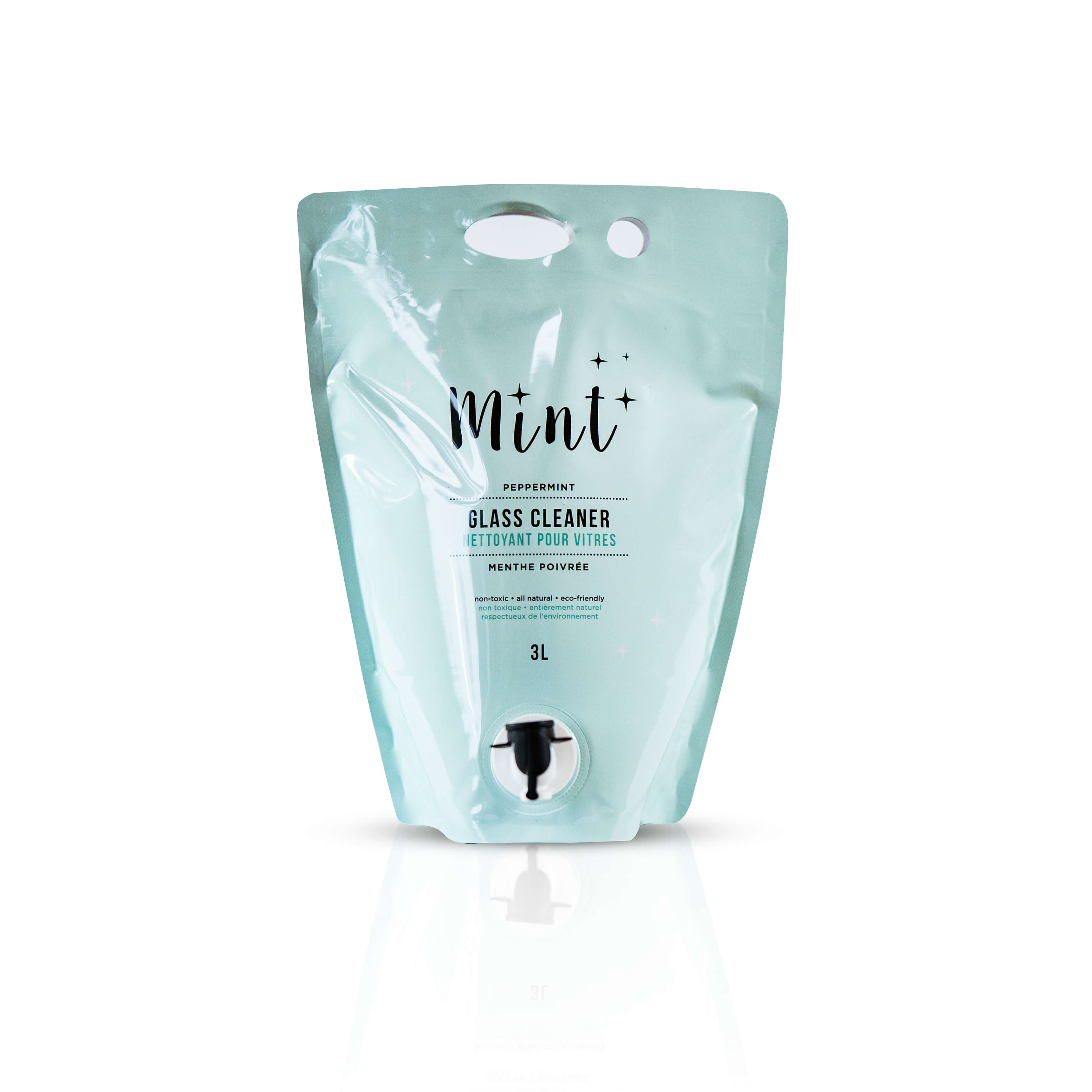 Mint Glass Cleaner in a 3L refillable pouch with a white background, highlighting its eco-friendly, biodegradable, and peppermint-scented properties.