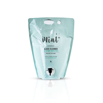 Mint Glass Cleaner in a 3L refillable pouch with a white background, highlighting its eco-friendly, biodegradable, and peppermint-scented properties.