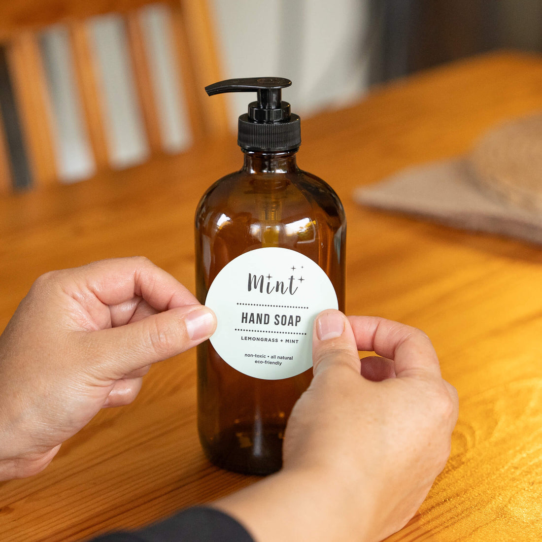 mint hand soap label on amber glass bottle