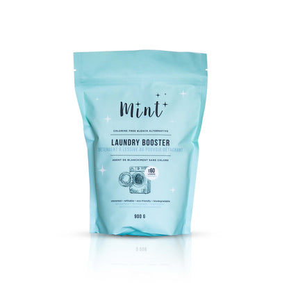 Mint Laundry Booster in 900g pouch with white background, featuring chlorine-free bleach alternative for eco-friendly and effective laundry care.