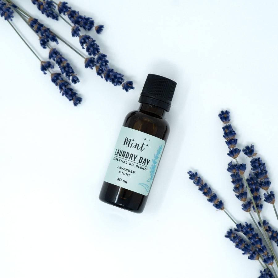 Mint Laundry Day Essential Oil Blend bottle laying on a white background surrounded by fresh sprigs of lavender, featuring lavender and mint fragrance.