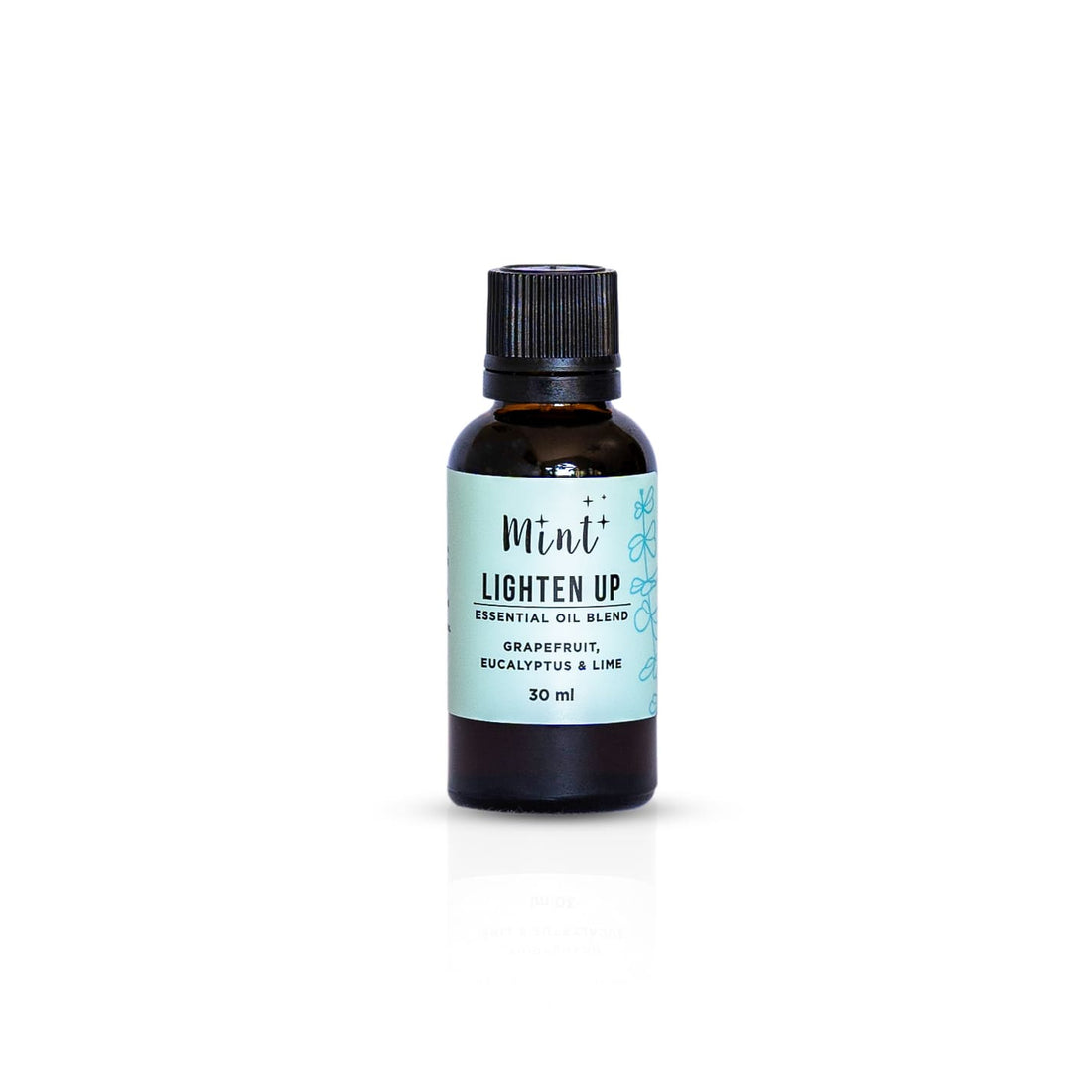 Mint Lighten Up essential oil bottle on a white background, featuring its refreshing blend of grapefruit, eucalyptus, and lime.