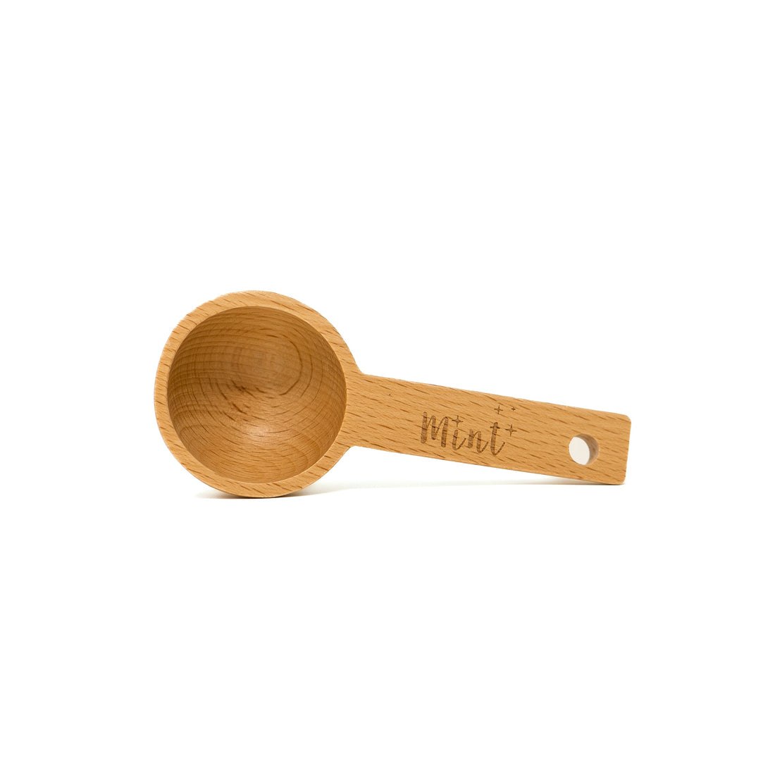 Mint-branded wooden scoop with a hole in the handle for easy hanging, displayed on a plain white background.