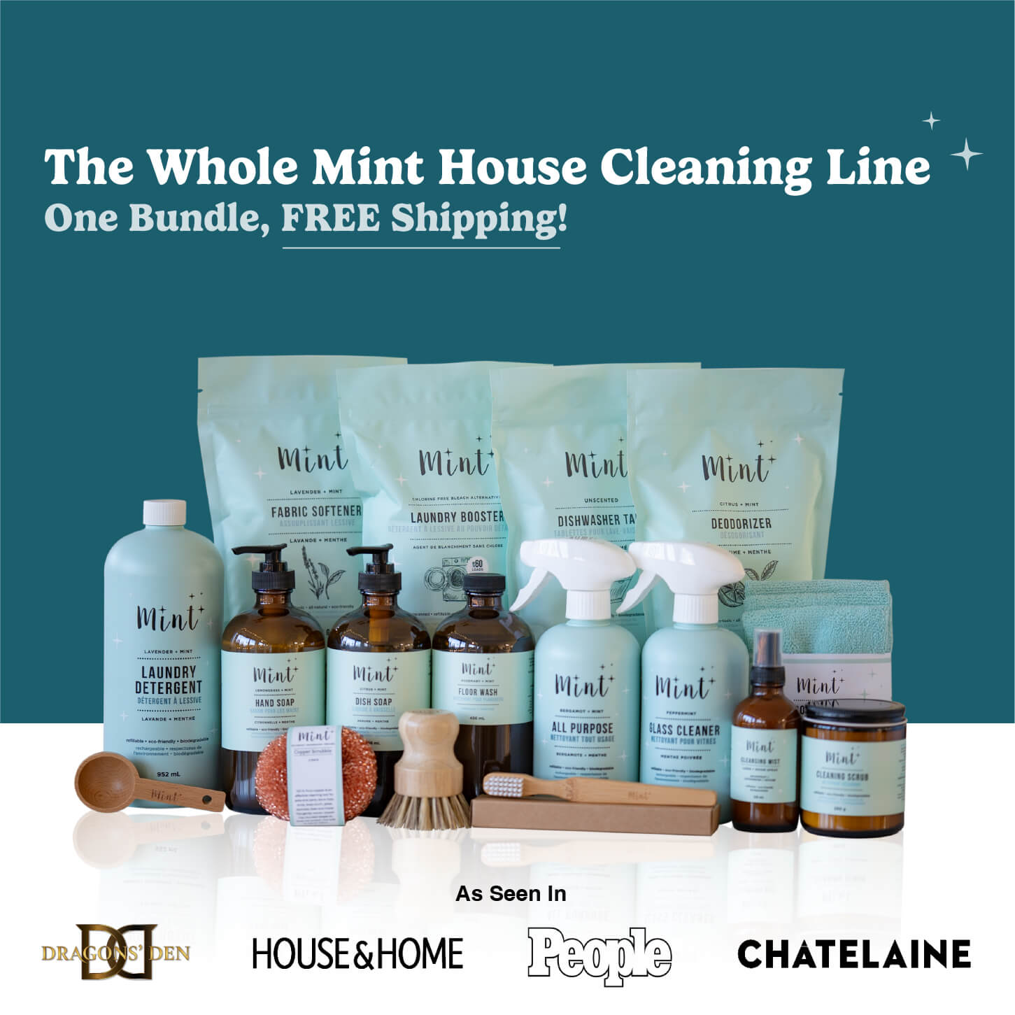 The Whole Mint House Cleaning Line. One Bundle, Free Shipping. Mint Cleaning Products as seen in Dragons Den, House and Home, People, Chatelaine. Graphic