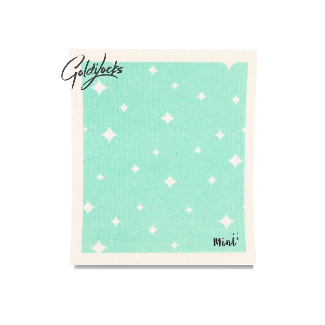 Mint x Goldilocks Swedish Dishcloth with mint green star design, laid flat on a white background.