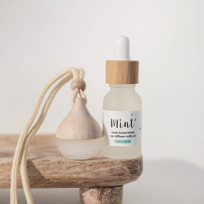 Bottle of Mint essential oil with a dropper on a wooden surface