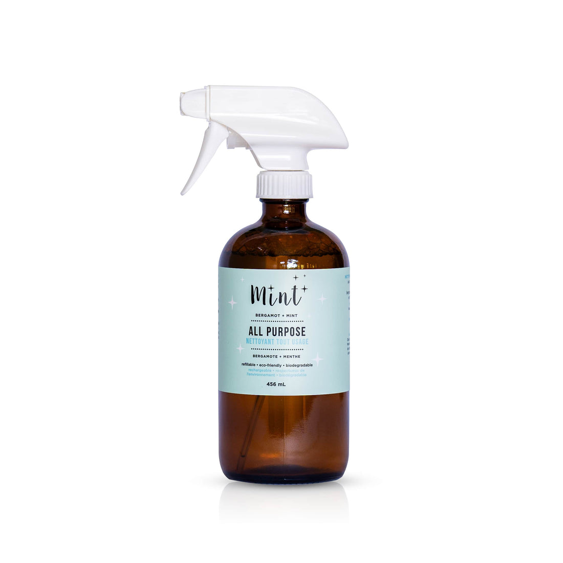 Mint All Purpose Cleaner in a 456 mL glass spray bottle with eco-friendly labeling on a white background.