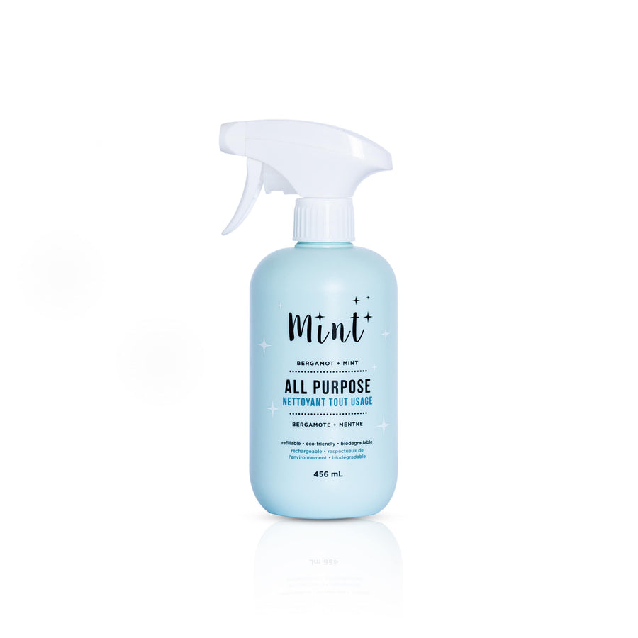 A 456 ml bottle of Mint All Purpose Cleaner in light blue, featuring bergamot and mint scent, eco-friendly and refillable packaging, against a white background.