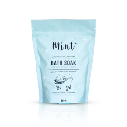 Mint Bath Soak in a 600g pouch with lavender, bergamot, and mint essential oils, shown on a white background for a clean, spa-like look.