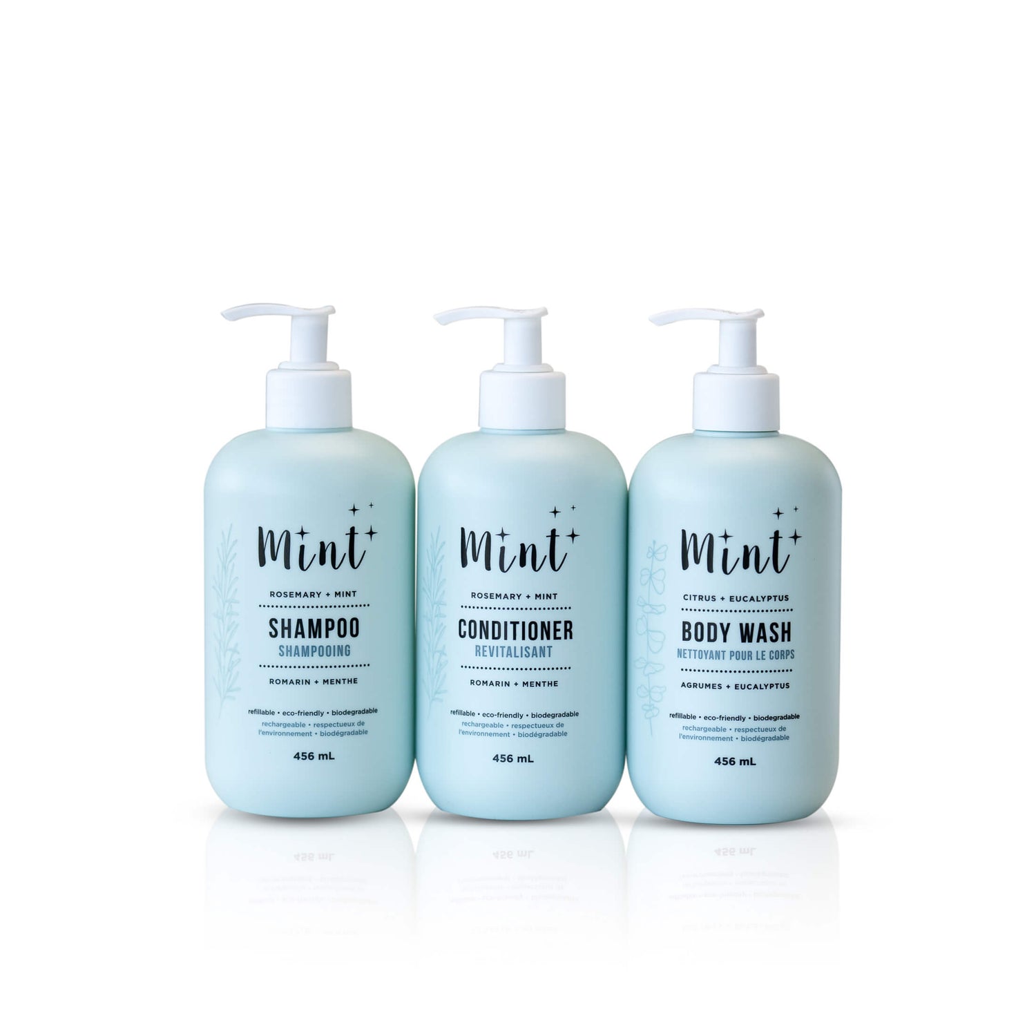 A set of three 456 mL pump bottles from Mint Cleaning Products&