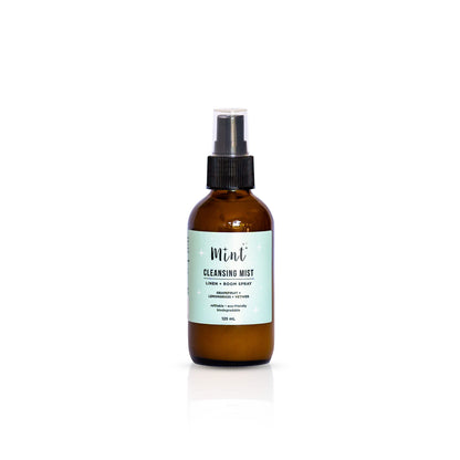 Mint Cleansing Mist in a 125ml amber glass spray bottle on a white background, featuring an eco-friendly, biodegradable linen and room spray.