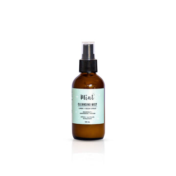 Mint Cleansing Mist in a 125ml amber glass spray bottle on a white background, featuring an eco-friendly, biodegradable linen and room spray.