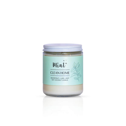 Mint Cleaning Products soy coconut candle in a glass jar with a silver lid. The mint green label features the scent &