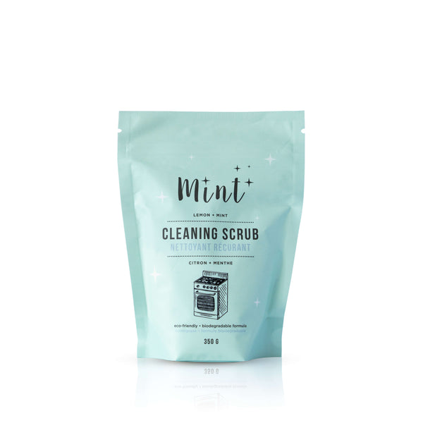 Mint-colored cleaning scrub package with text on a white background