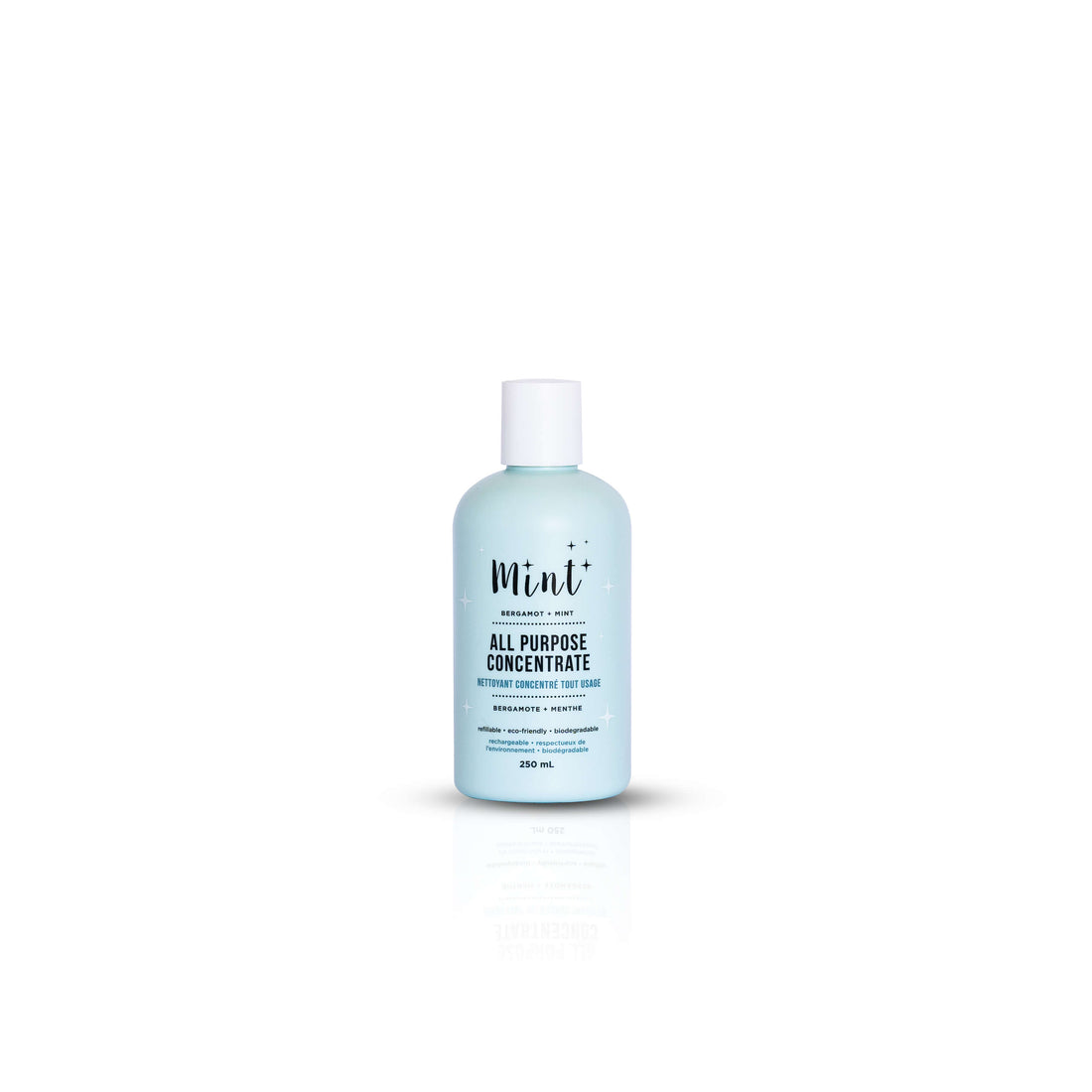 A 250ml bottle of Mint All Purpose Concentrate in a light blue container with a white cap, labeled as eco-friendly and biodegradable.