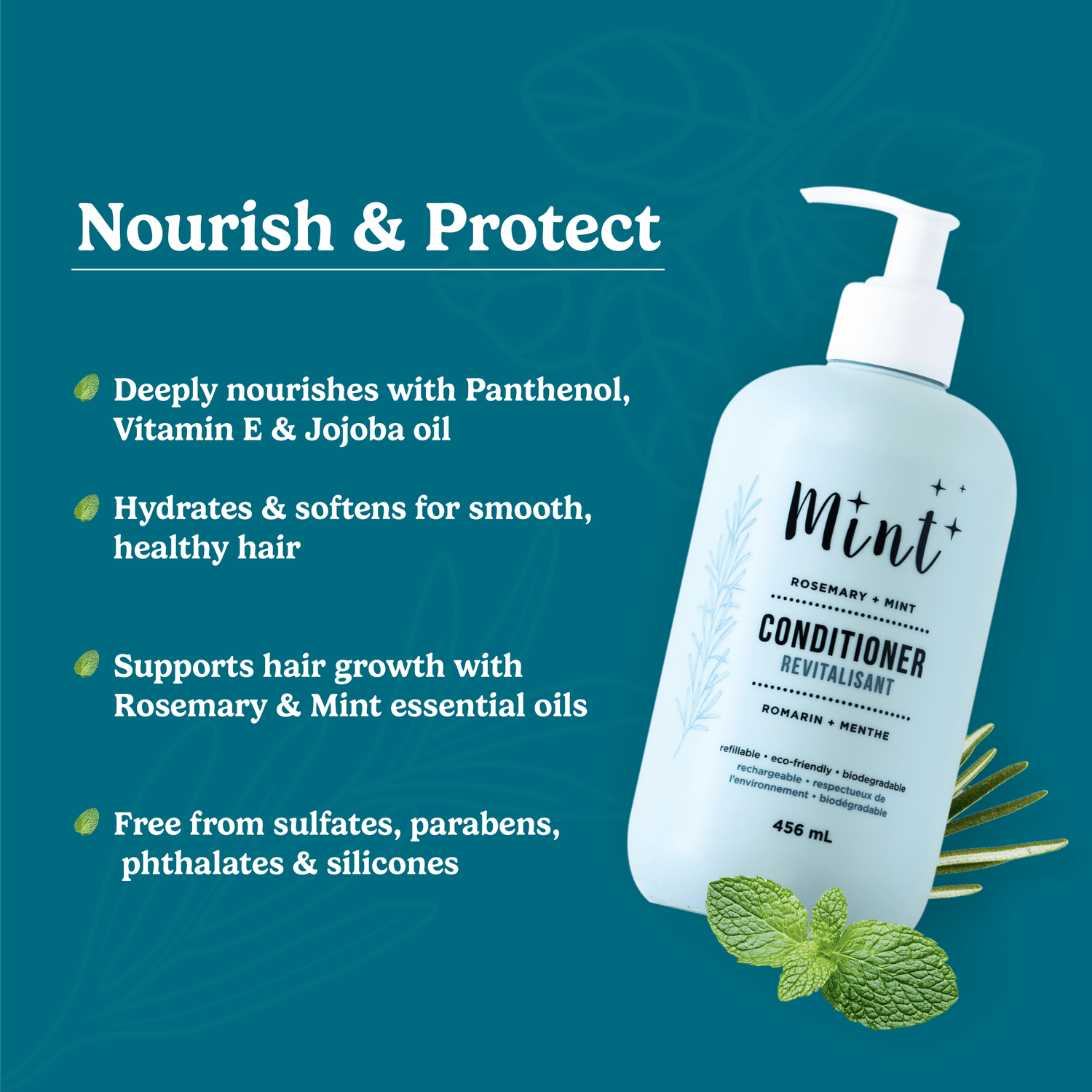 Image of Mint Rosemary + Mint Conditioner with a teal background. Title: &quot;Nourish &amp; Protect.&quot; Key benefits listed: deeply nourishes with Panthenol, Vitamin E &amp; Jojoba Oil, hydrates for smooth hair, supports hair growth, and is free from sulfates, parabens, phthalates &amp; silicones.