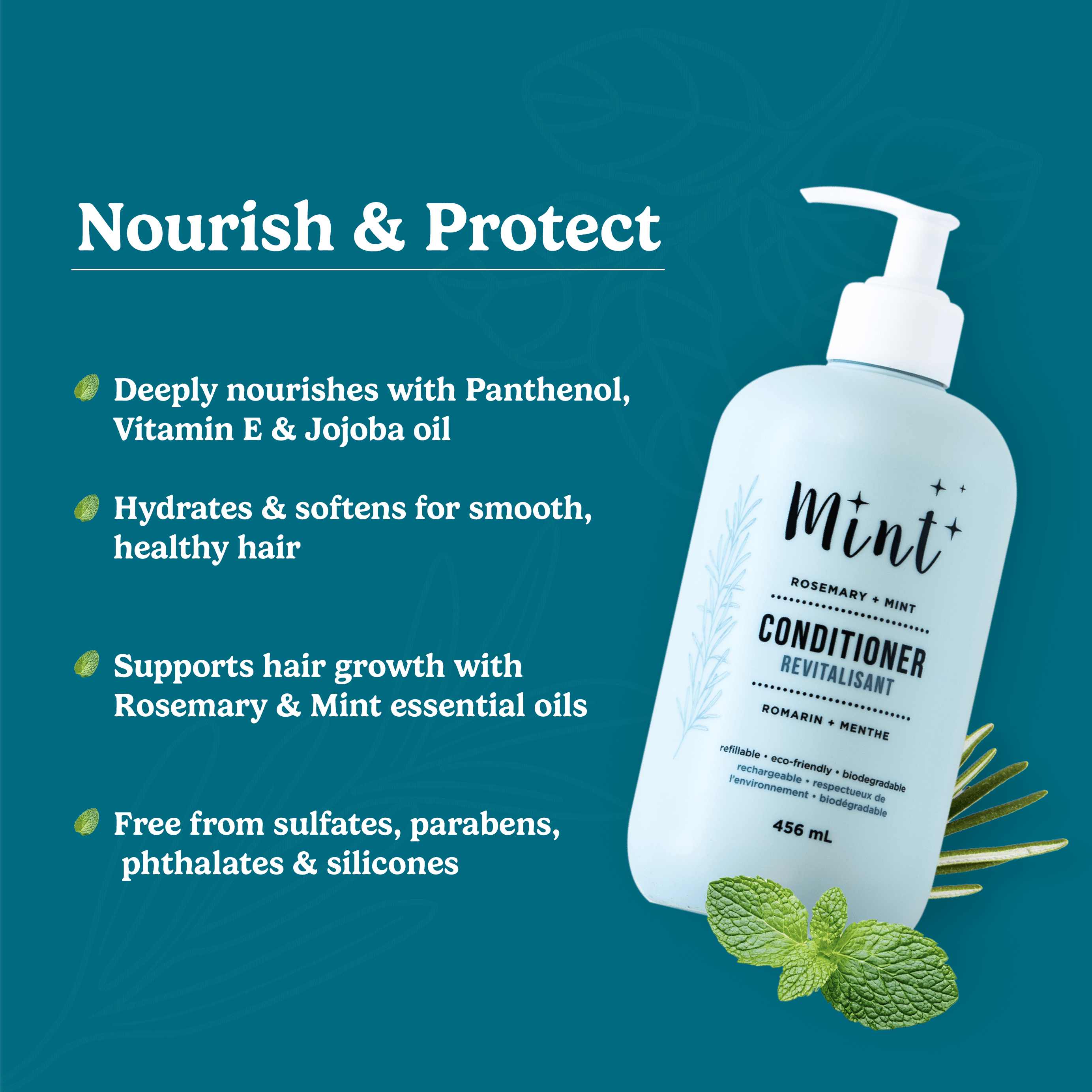 Image of Mint Rosemary + Mint Conditioner with a teal background. Title: "Nourish &amp; Protect." Key benefits listed: deeply nourishes with Panthenol, Vitamin E &amp; Jojoba Oil, hydrates for smooth hair, supports hair growth, and is free from sulfates, parabens, phthalates &amp; silicones.