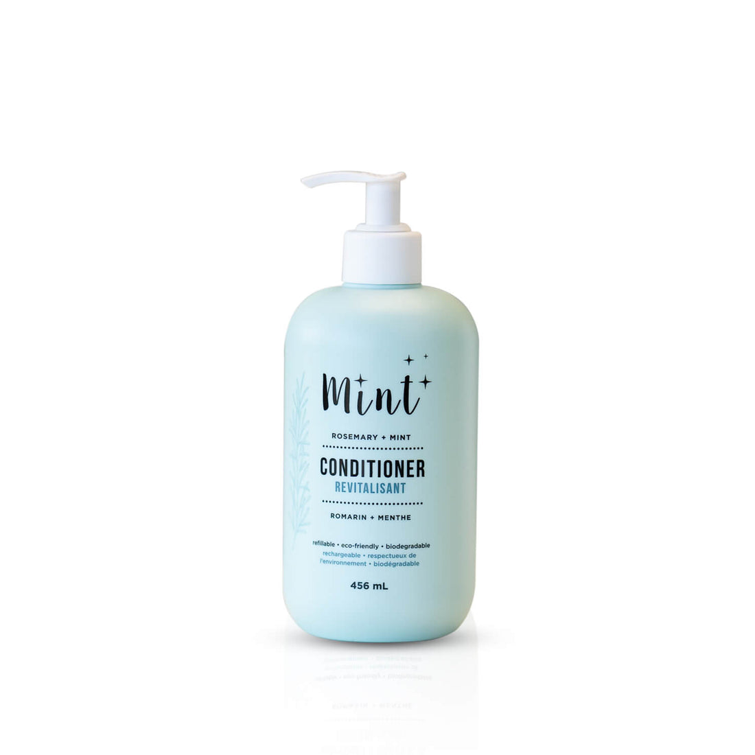 A 456 mL light blue bottle of &quot;Mint+ Conditioner&quot; with a pump dispenser, displayed on a clean white background. The label highlights the scent &quot;Rosemary + Mint&quot; and includes bilingual text, &quot;Revitalisant&quot; and &quot;Romarin + Menthe.&quot; It emphasizes eco-friendly features such as being refillable, biodegradable, and sustainable. A subtle botanical illustration on the left side of the label adds a natural touch to the design.