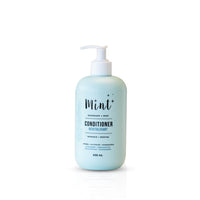 A 456 mL light blue bottle of "Mint+ Conditioner" with a pump dispenser, displayed on a clean white background. The label highlights the scent "Rosemary + Mint" and includes bilingual text, "Revitalisant" and "Romarin + Menthe." It emphasizes eco-friendly features such as being refillable, biodegradable, and sustainable. A subtle botanical illustration on the left side of the label adds a natural touch to the design.