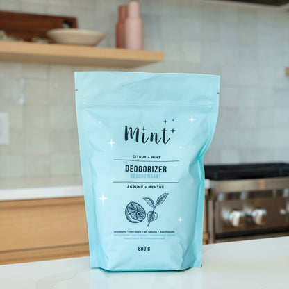 Mint Deodorizer pouch displayed on a kitchen countertop, showcasing an eco-friendly, all-natural solution for eliminating odours.