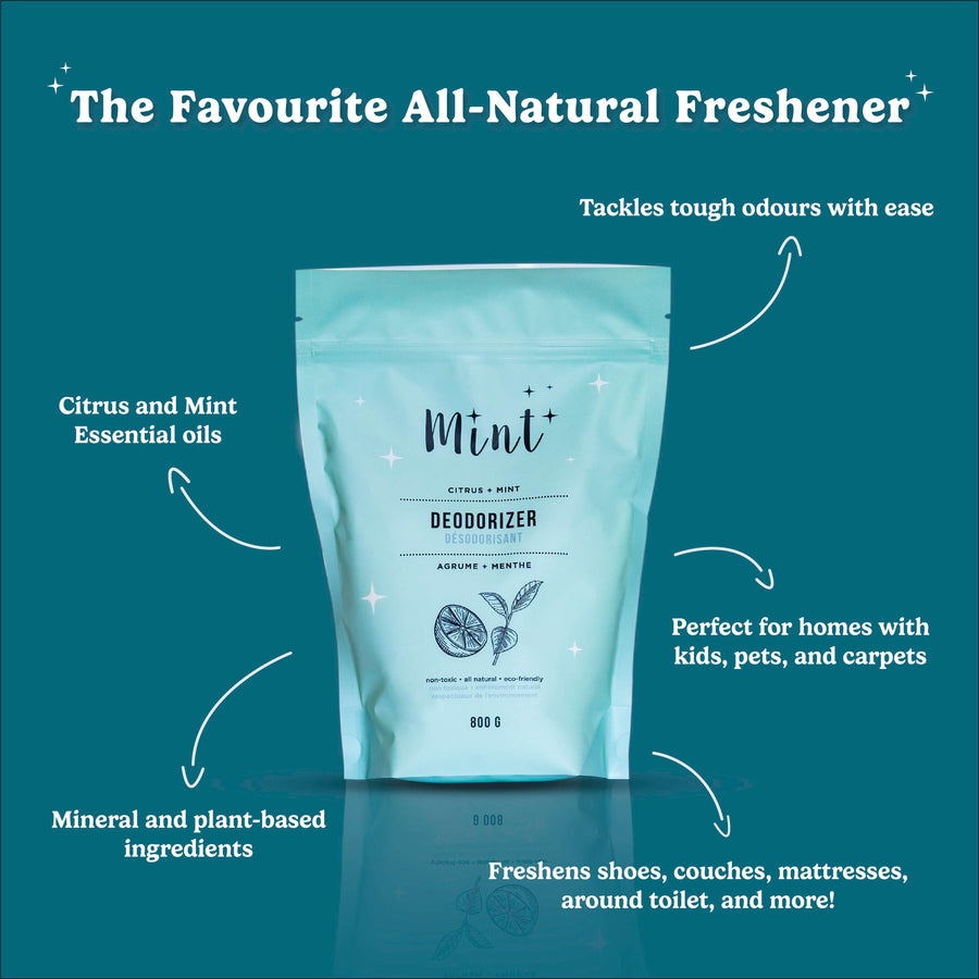 Mint Cleaning Products' Deodorizer in an 800g pastel mint pouch. Key benefits highlighted include: tackles tough odors, freshens shoes, couches, and mattresses, perfect for homes with kids and pets, and contains citrus and mint essential oils with mineral and plant-based ingredients. The headline reads "The Favourite All-Natural Freshener