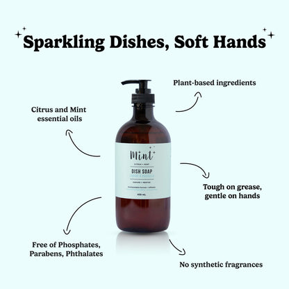 Brown dish soap bottle with label on a white background, featuring text about product benefits.