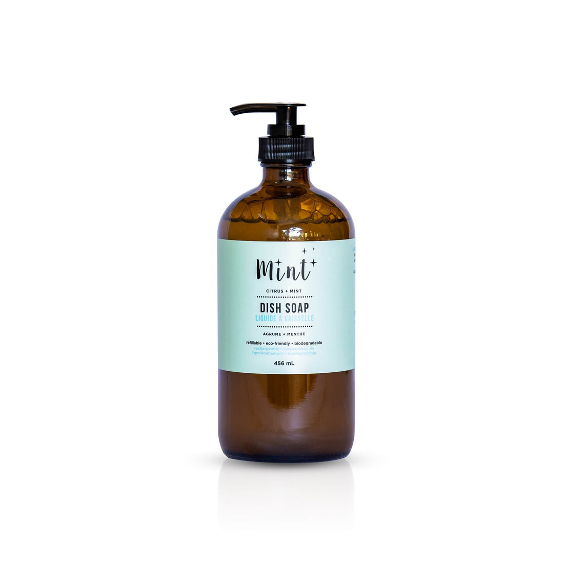 Mint Dish Soap in an amber glass pump bottle on a white background, labelled with citrus and mint scents and eco-friendly properties.