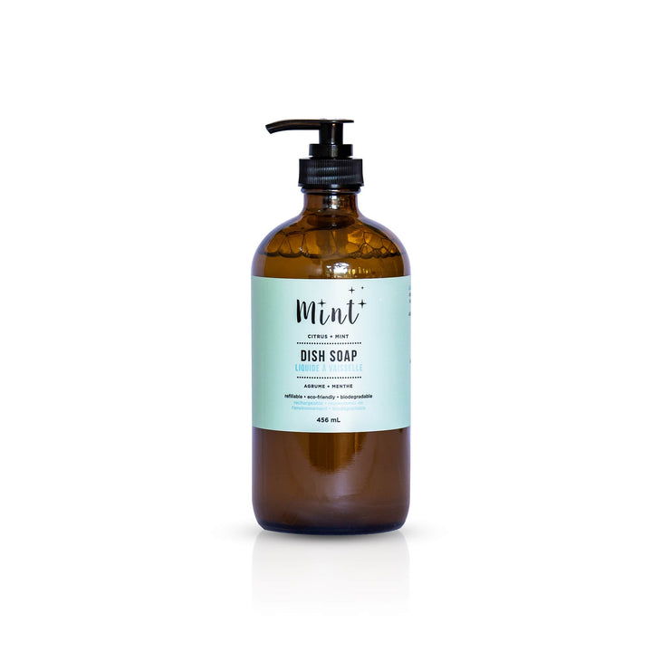 Mint Dish Soap in an amber glass pump bottle on a white background, labelled with citrus and mint scents and eco-friendly properties.