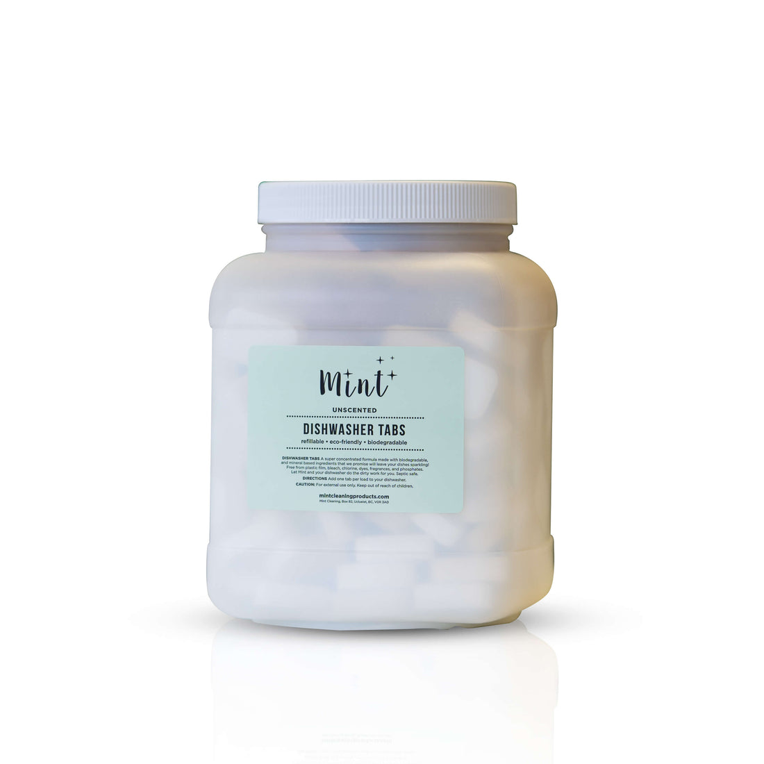 Mint Dishwasher Tabs in a large white refill container with a white background, highlighting eco-friendly and biodegradable features.