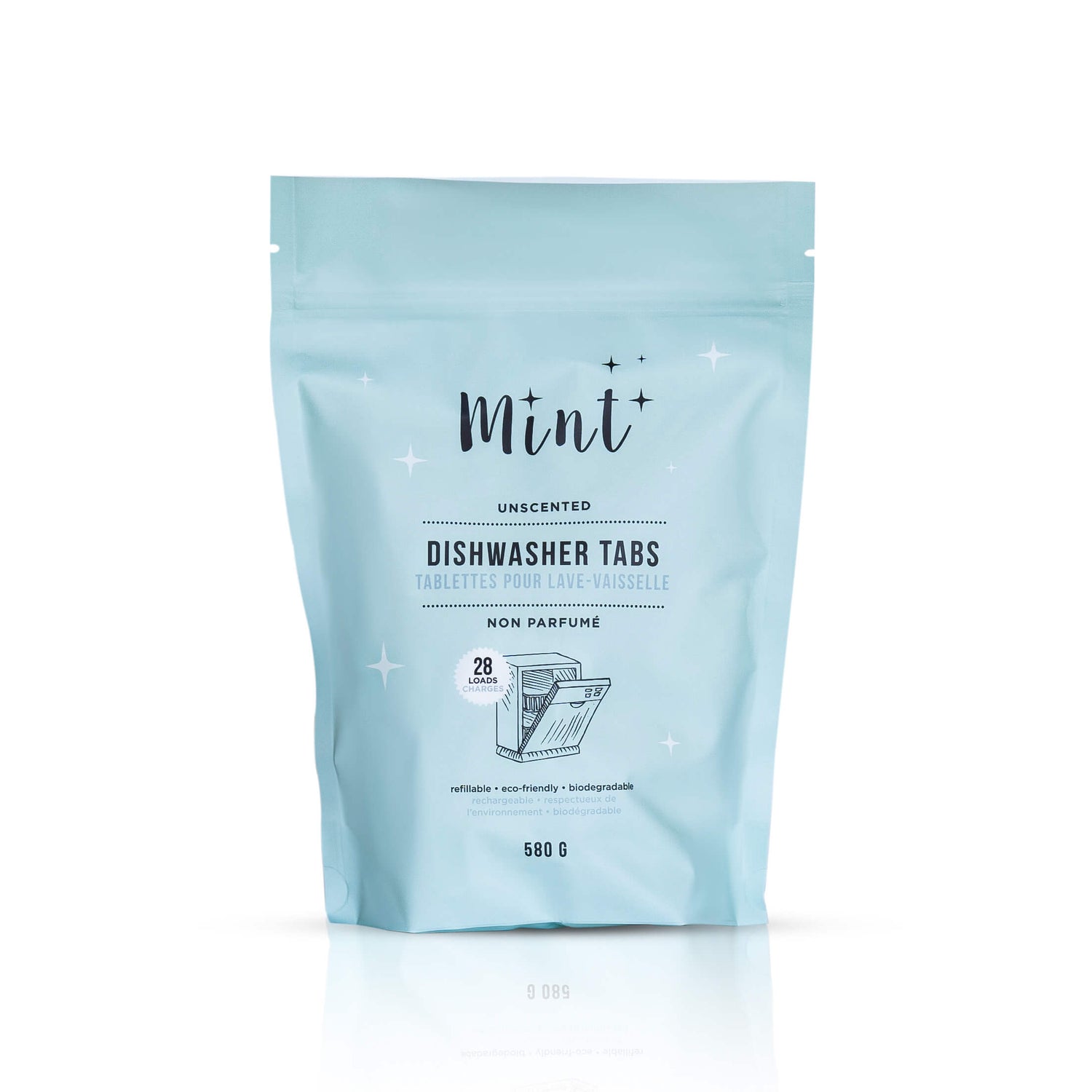 Mint Dishwasher Tabs in a 580g pouch with a white background, showcasing eco-friendly, unscented tabs for spotless dishes.